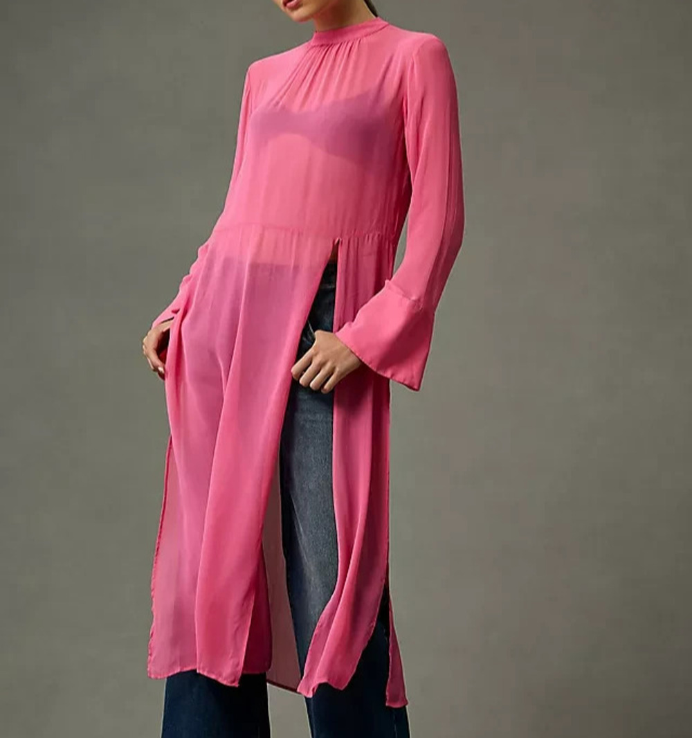 Anthropologie Sheer Tunic Dress Size Medium Pink Long Sleeve Sheer Layering Top